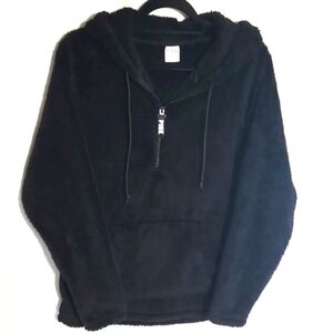 PINK Victoria's Secret Teddy Sherpa Black Hooded 1/2 Zip Cozy Pullover Small